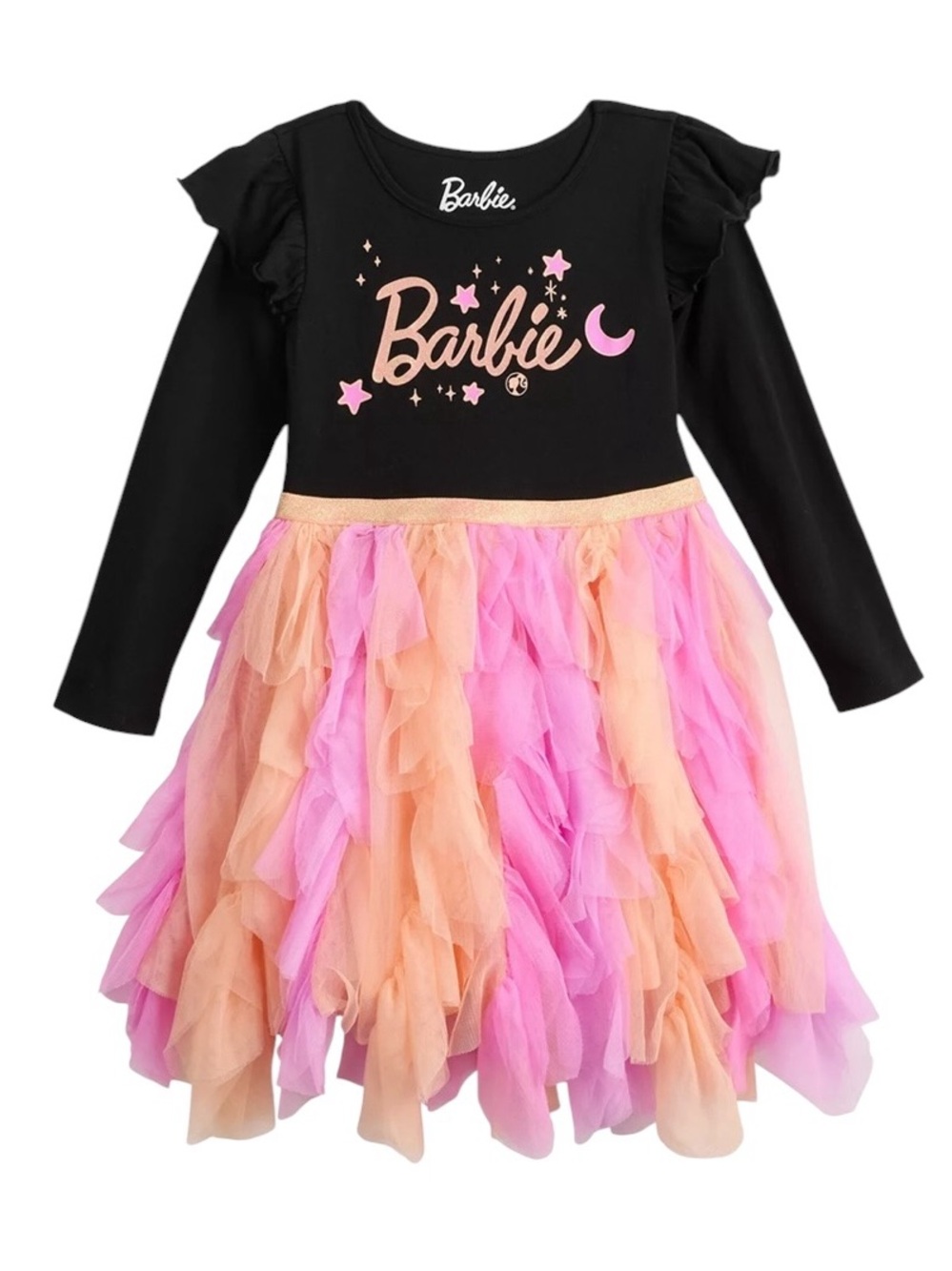 Barbie Moon And Star Black Long Sleeve with Pink & Peach Tulle Skirt Tutu Dress